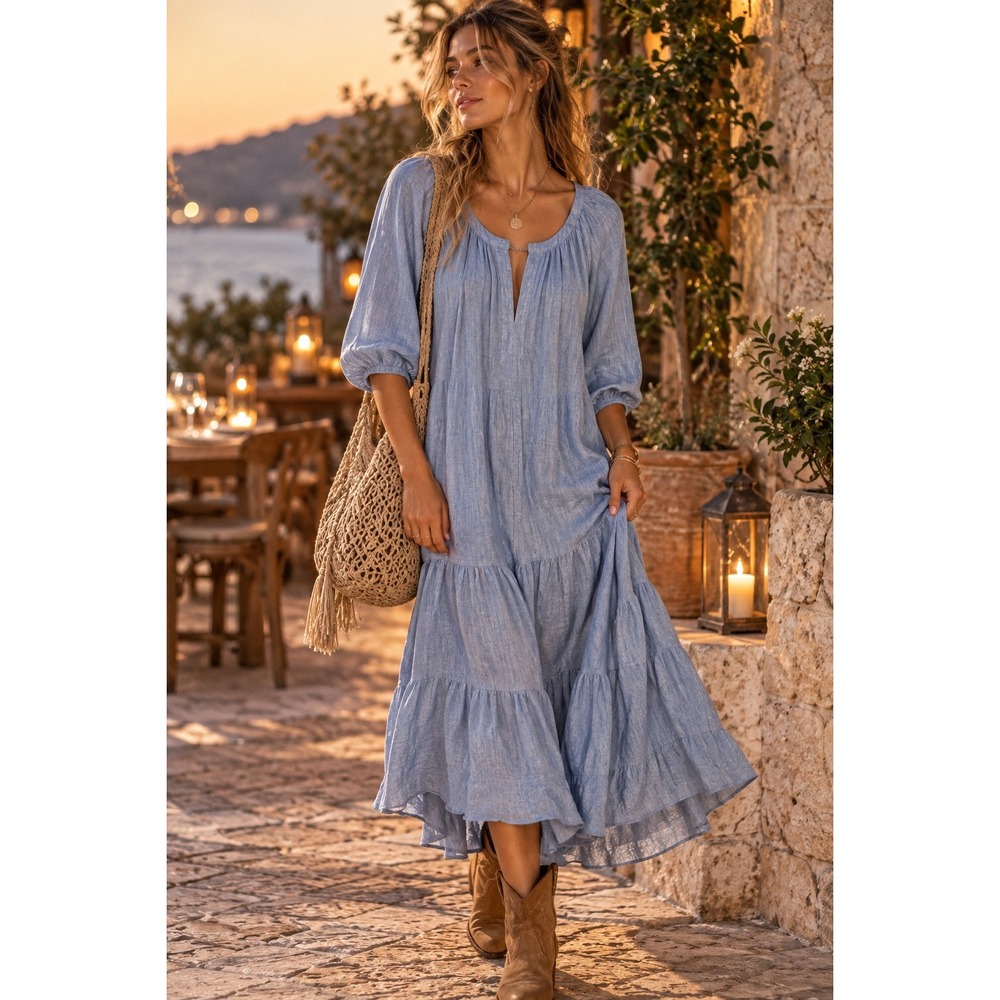 Tuckernuck Light Blue Cotton Linen Tiered Midi Dress Puff Sleeve Y24522T Size M